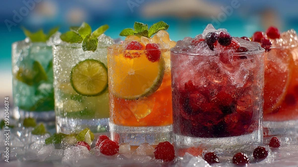 Fototapeta refreshing collection of summer cocktail image Perfect for menus, advertisements, blog posts, and social media, these vibrant visuals capture fruity drinks, tropical flavors, and seas