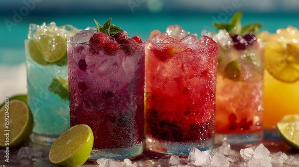 Fototapeta refreshing collection of summer cocktail image Perfect for menus, advertisements, blog posts, and social media, these vibrant visuals capture fruity drinks, tropical flavors, and seas