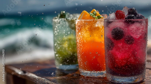 Fototapeta refreshing collection of summer cocktail image Perfect for menus, advertisements, blog posts, and social media, these vibrant visuals capture fruity drinks, tropical flavors, and seas