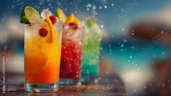 Fototapeta refreshing collection of summer cocktail image Perfect for menus, advertisements, blog posts, and social media, these vibrant visuals capture fruity drinks, tropical flavors, and seas