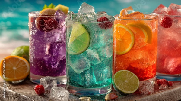 Fototapeta refreshing collection of summer cocktail image Perfect for menus, advertisements, blog posts, and social media, these vibrant visuals capture fruity drinks, tropical flavors, and seas