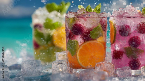 Fototapeta refreshing collection of summer cocktail image Perfect for menus, advertisements, blog posts, and social media, these vibrant visuals capture fruity drinks, tropical flavors, and seas