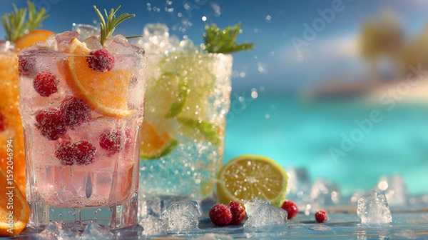 Fototapeta refreshing collection of summer cocktail image Perfect for menus, advertisements, blog posts, and social media, these vibrant visuals capture fruity drinks, tropical flavors, and seas