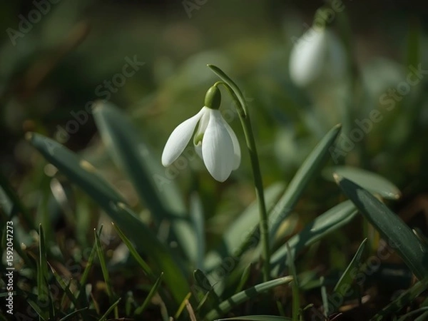 Obraz Closeup of white snowdrop flower or galanthus nivalis blossoming in nature during spring. 