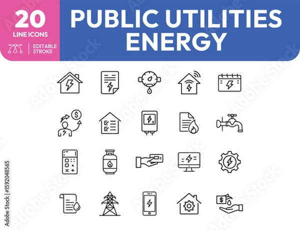 Fototapeta Public Utilities Energy Line Icons Set: Editable Stroke Vector Illustration.