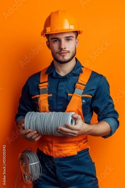 Fototapeta A man in a construction uniform holding orange caution tape, signifying safety precautions and workplace security.