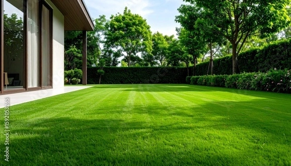 Fototapeta 美しく手入れされた芝生の庭
