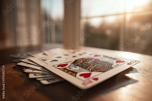 Fototapeta Playing cards stacked on a table, sunlight through window