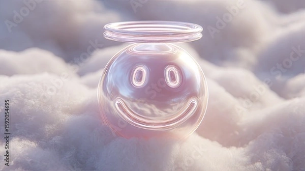 Fototapeta Shiny, pink smiley face with halo, resting on soft clouds