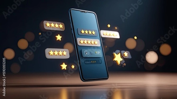 Fototapeta Smartphone with glowing star reviews floating in the air