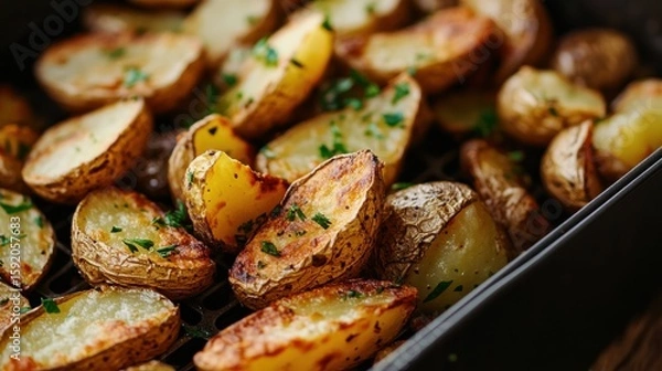 Fototapeta Close-Up of Air Fryer Basket with Roasted Potatoes
