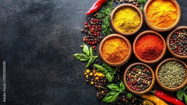 Fototapeta Colorful Assortment of Vibrant Spices on a Dark Surface