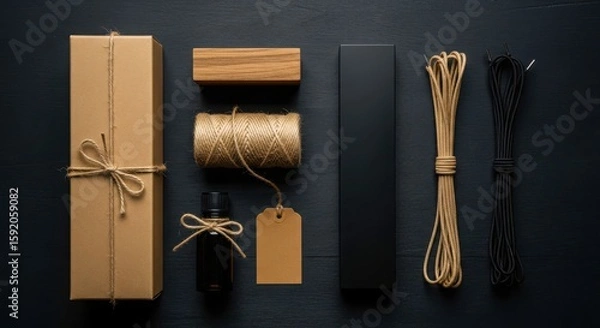 Fototapeta Crafting and packaging supplies arranged artistically on a dark textured surface
