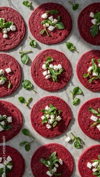 Fototapeta Vibrant beetroot wraps with fresh greens and feta cheese on marble surface
