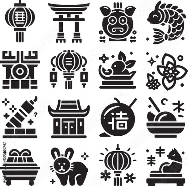 Fototapeta A diverse collection of black vector icons for holiday and food design illustrations Chinese New Year