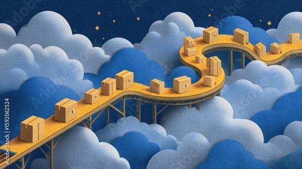 Fototapeta Boxes on a cloud-based conveyor belt at night