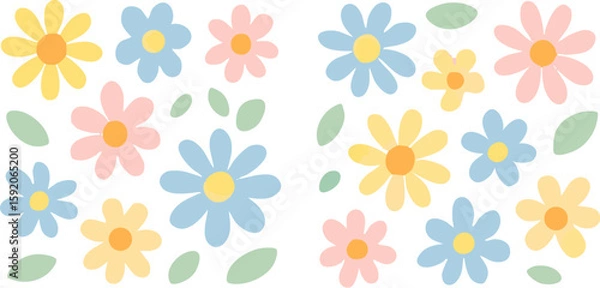 Fototapeta Pastel Daisy Flower Pattern: Delicate stylized daisies in soft blue pink and yellow hues featuring simple rounded petals and bright centers.