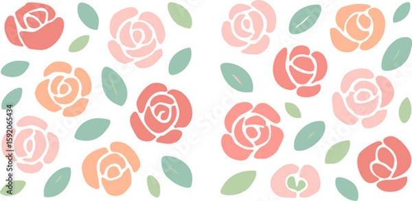 Fototapeta Charming seamless pattern of stylized roses in pastel pink coral and peach with simple green leaves.