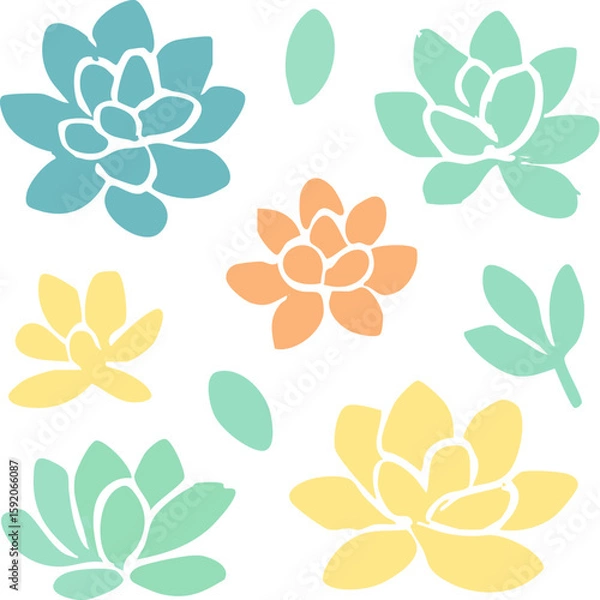 Fototapeta A colorful set of stylized succulent illustrations with a hand-drawn block print texture in soft pastel colors.