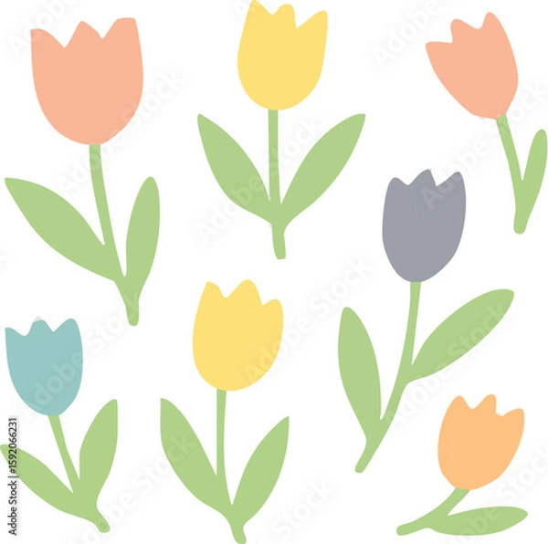 Fototapeta Charming set of hand-drawn pastel tulips in a simple naive style Features peach yellow and blue flowers with green stems and leaves.