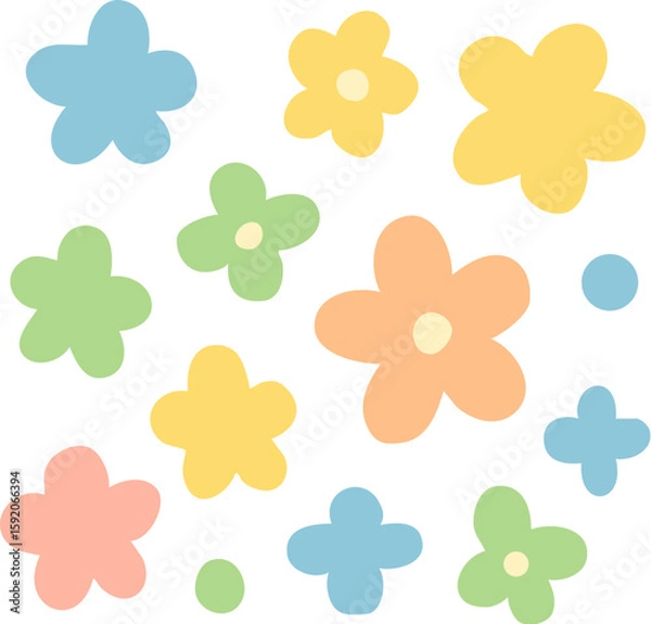Fototapeta A charming set of simple hand-drawn style flowers in soft pastel colors Playful retro aesthetic with rounded petals in blue green yellow orange and pink.