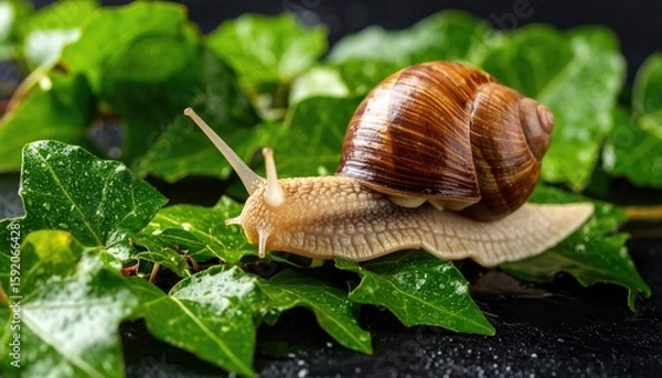 Fototapeta Close-up of a snail on wet leaves