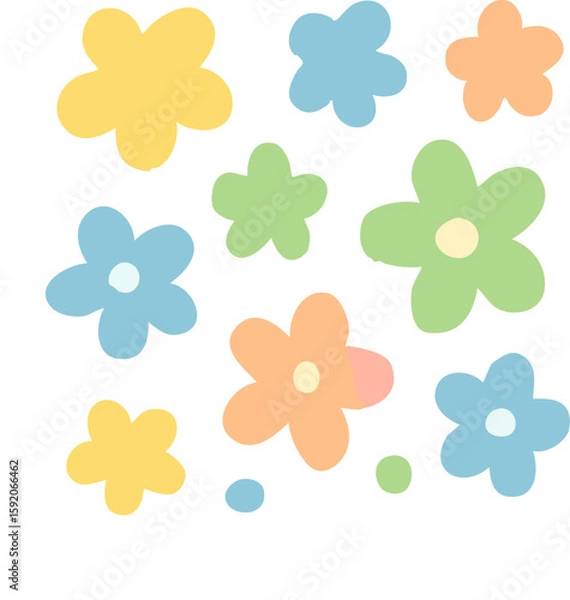 Fototapeta A charming collection of hand-drawn pastel flowers in a simple naive art style with rounded petals.