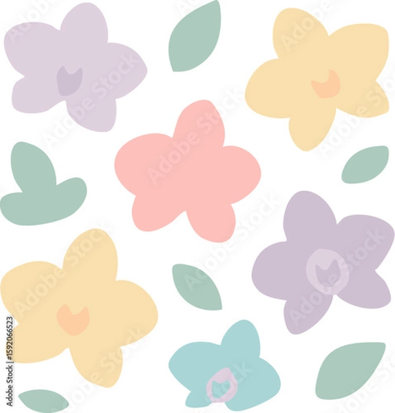 Fototapeta Whimsical Pastel Floral Pattern with Softly Rounded Petals and Leaves.