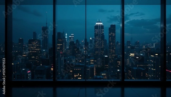 Fototapeta A panoramic nighttime view of a modern city skyline seen from an office building window.