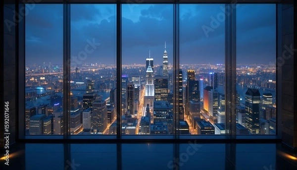 Fototapeta A stunning nighttime view of a cityscape seen from the window of a modern office building.