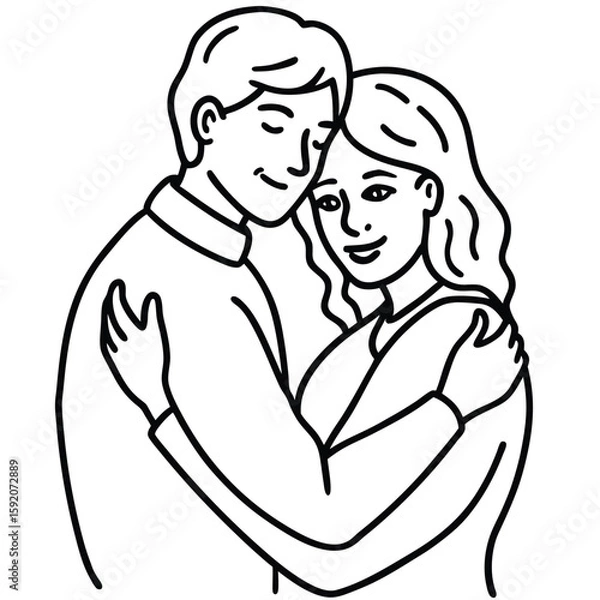 Fototapeta Romantic line art illustration of a loving couple embracing tenderly symbolizing connection and affection in a simple elegant design