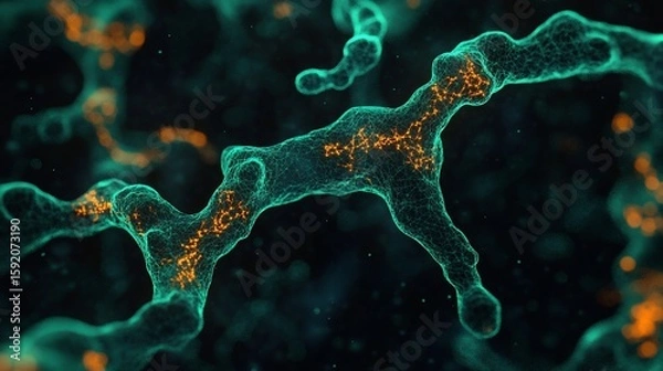 Fototapeta Microscopic turquoise network, glowing orange particles, dark background, scientific visualization
