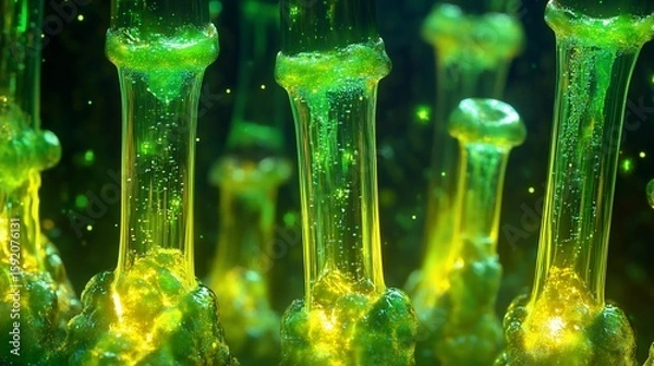 Fototapeta Glowing green bioluminescent tubes, abstract background, digital art, science fiction