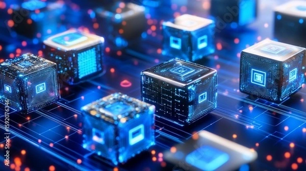 Fototapeta Digital data cubes network, glowing, circuit board, technology, future