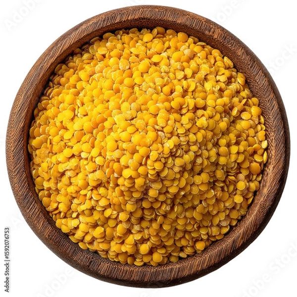 Fototapeta Golden Lentils in Wooden Bowl: A close-up shot of vibrant, golden lentils cascading within a rustic wooden bowl, embodying natural abundance and culinary promise.