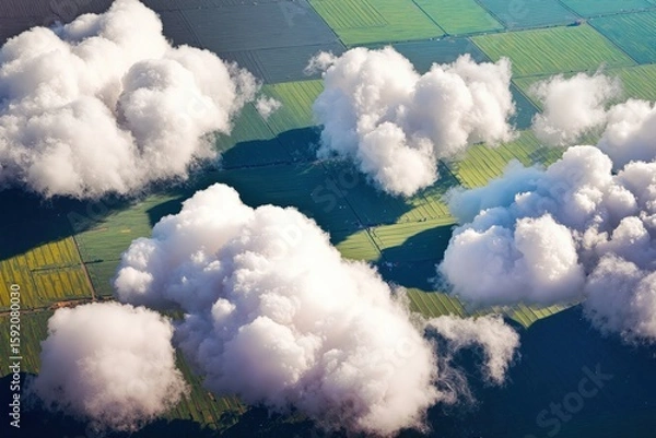 Fototapeta Aerial view of lush fields covered by captivating white clouds and vibrant landscapes.