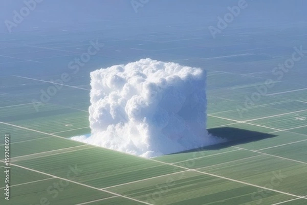 Obraz A stunning cloud structure resembling a cube over vibrant green landscapes.