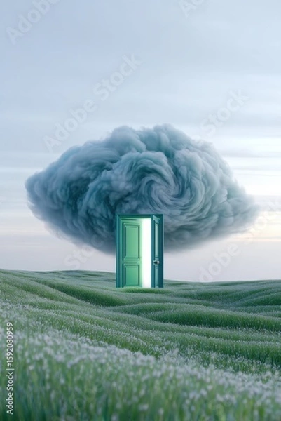 Fototapeta A surreal landscape featuring a door leading to a cloud, evoking imagination and mystery.