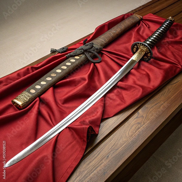 Fototapeta Authentic Japanese Katana Sword with Ornate Sheath on Red Silk Fabric

