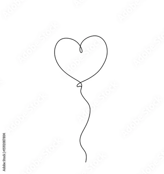 Obraz Balloon with heart shape continuous line drawing. Love gift symbol. Vector illustration isolated on white