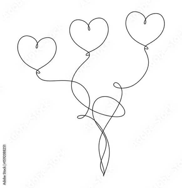 Obraz Balloon with heart shape continuous line drawing. Love gift symbol. Vector illustration isolated on white