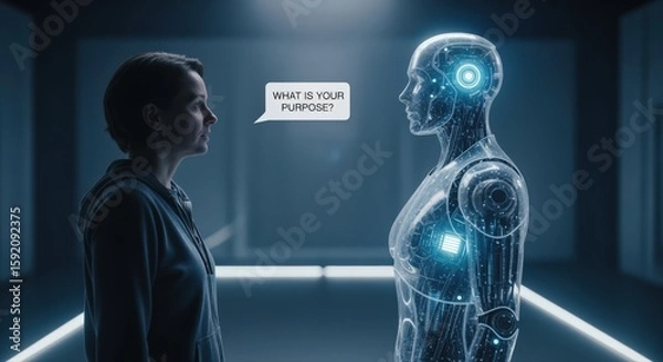 Fototapeta Woman asking a robot, what is your purpose? futuristic artificial intelligence.