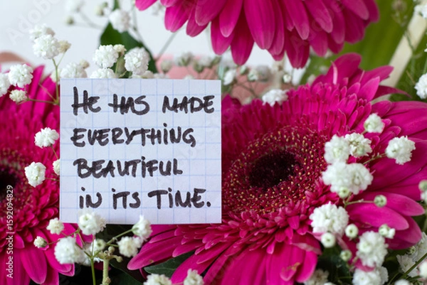Obraz Inspirational handwritten quote for God's creation, time, and patience. Close-up. Christian biblical concept.