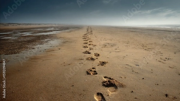 Fototapeta Footprints on a vast sandy beach leading to a horizon