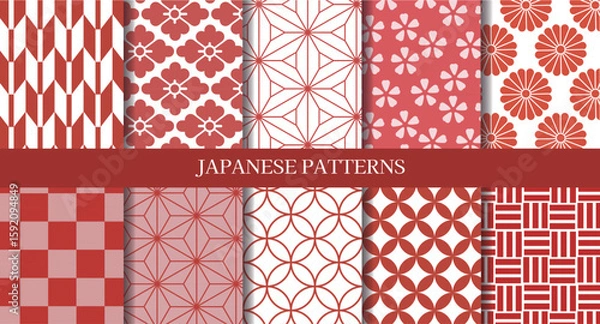 Obraz シームレスな和柄パターン　赤　セット
