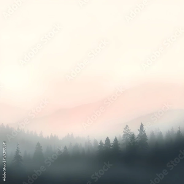 Fototapeta landscape depicting a mist-shrouded forest with a soft, peach-hued sky above,