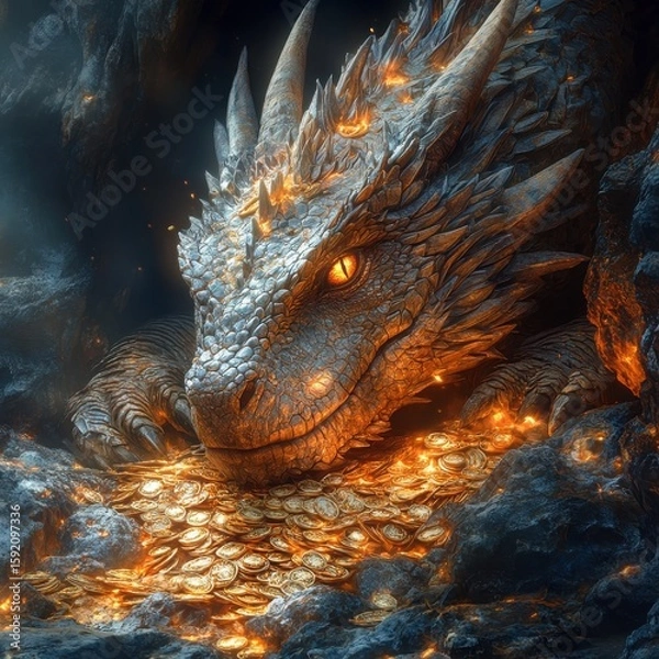 Fototapeta A silver dragon resting on a pile of gold coins in a dark cave with glowing embers around it