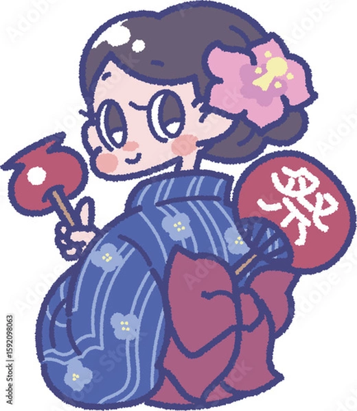Fototapeta 浴衣を着たお祭りを楽しむ女の子のイラスト