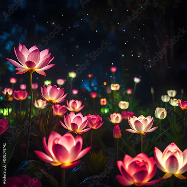 Fototapeta night garden glows with an ethereal light, showcasing a magical field of illuminated pink, purple, and yellow blossoms