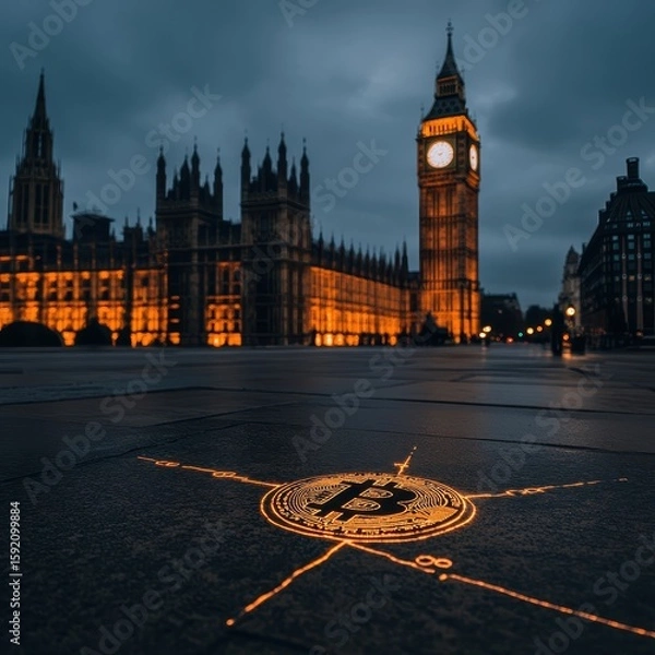 Obraz Bitcoin Symbol with Big Ben at Twilight in London Cityscape